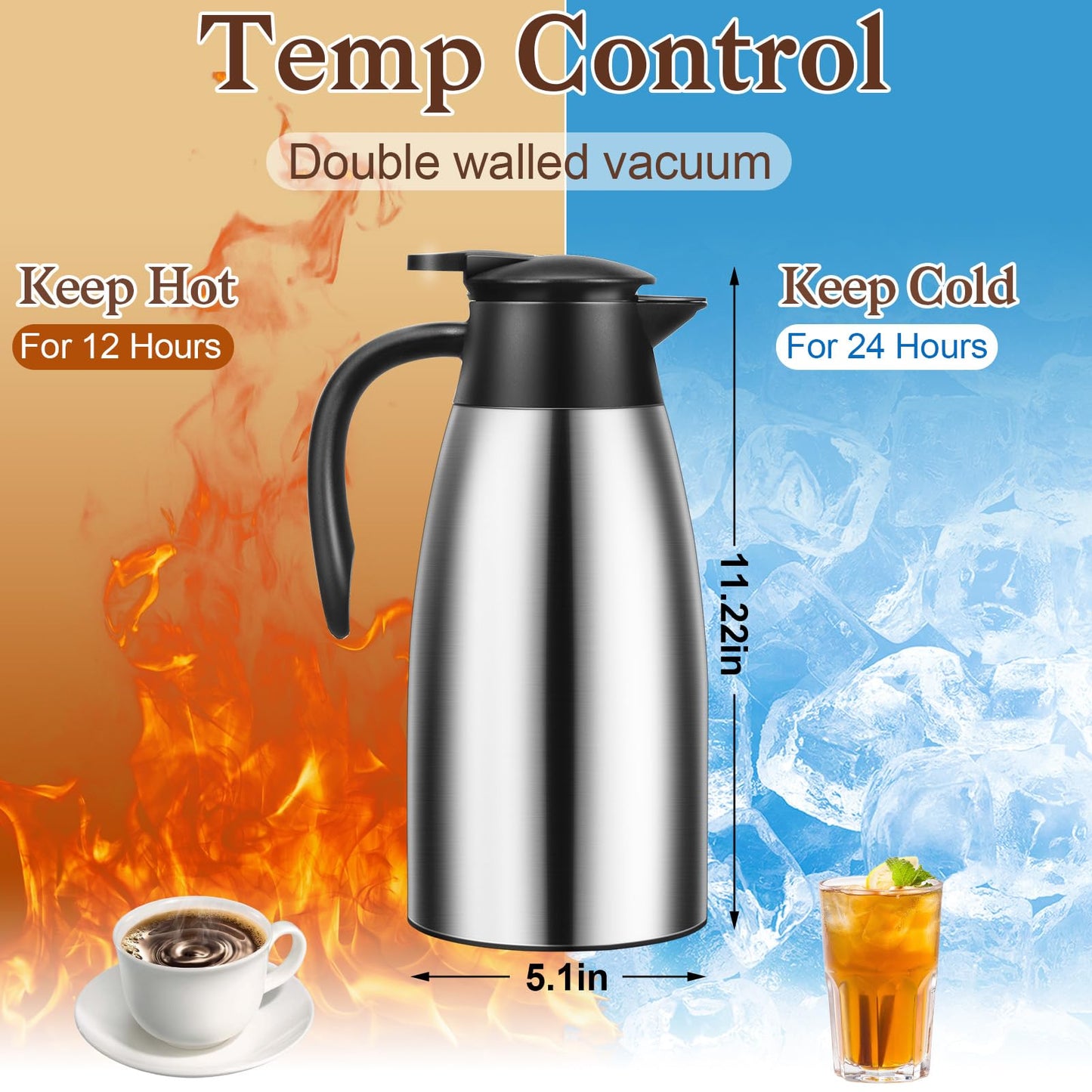 Essenya 2 PCS 68 OZ Thermal Coffee Carafe, Insulated Stainless Steel Coffee Carafe Double Walled Vacuum Thermal Pot Flask with Brushes for Keeping Hot Coffee Tea Home and Office (Silver)