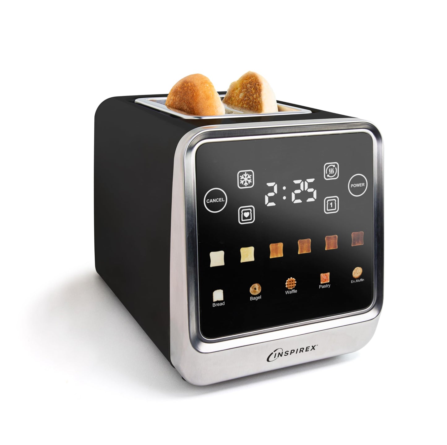 Inspirex Touch Screen Toaster - 2 Extra Wide Slots - 5 Bread Types and 6 Browning Levels - Defrost, Reheat, Favorite, & Single Slot Modes - For Toast, Bagels, & Waffles – Black