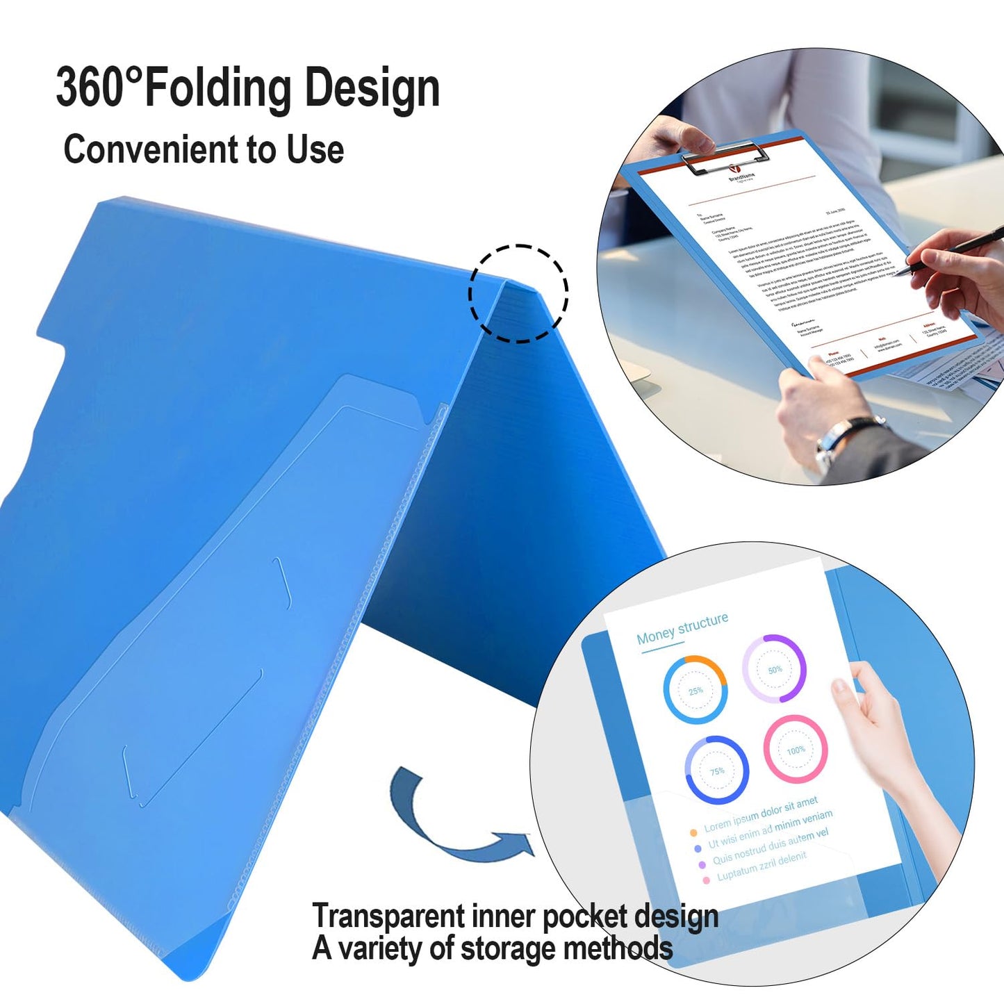MUYICS 10 Pack Foldable Clipboards, A4 Clipboard Folder with Pocket, File Cover Office Folder Clipboard, 360 Degree Foldable Storage Clipboards for Office, School or Medical Field(5 Colors)