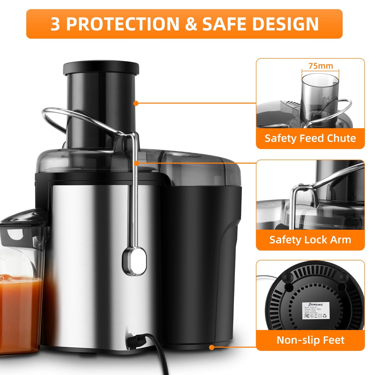 Panana Centrifugal Juicer Extractor with Wide Mouth 2.5” Feed Chute for Fruit Vegetable, Easy to Clean, Stainless Steel, BPA-free (Silver)