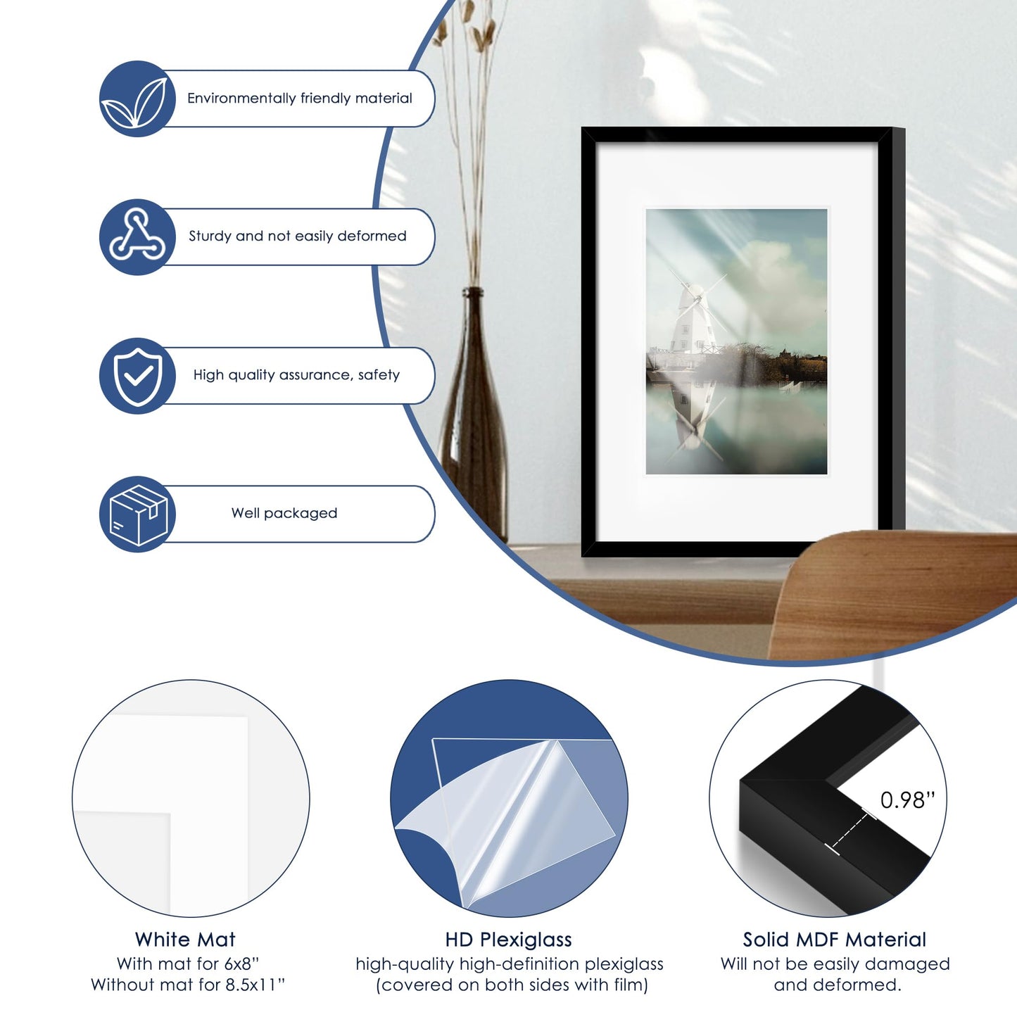 PEALSN 16x20 Picture Frame Set of 6, Display Pictures 11 x 14 with Mat or 16 x 20 without Mat for Wall Mounting Display, Poster Frames Collage for Wall Decor, Black.