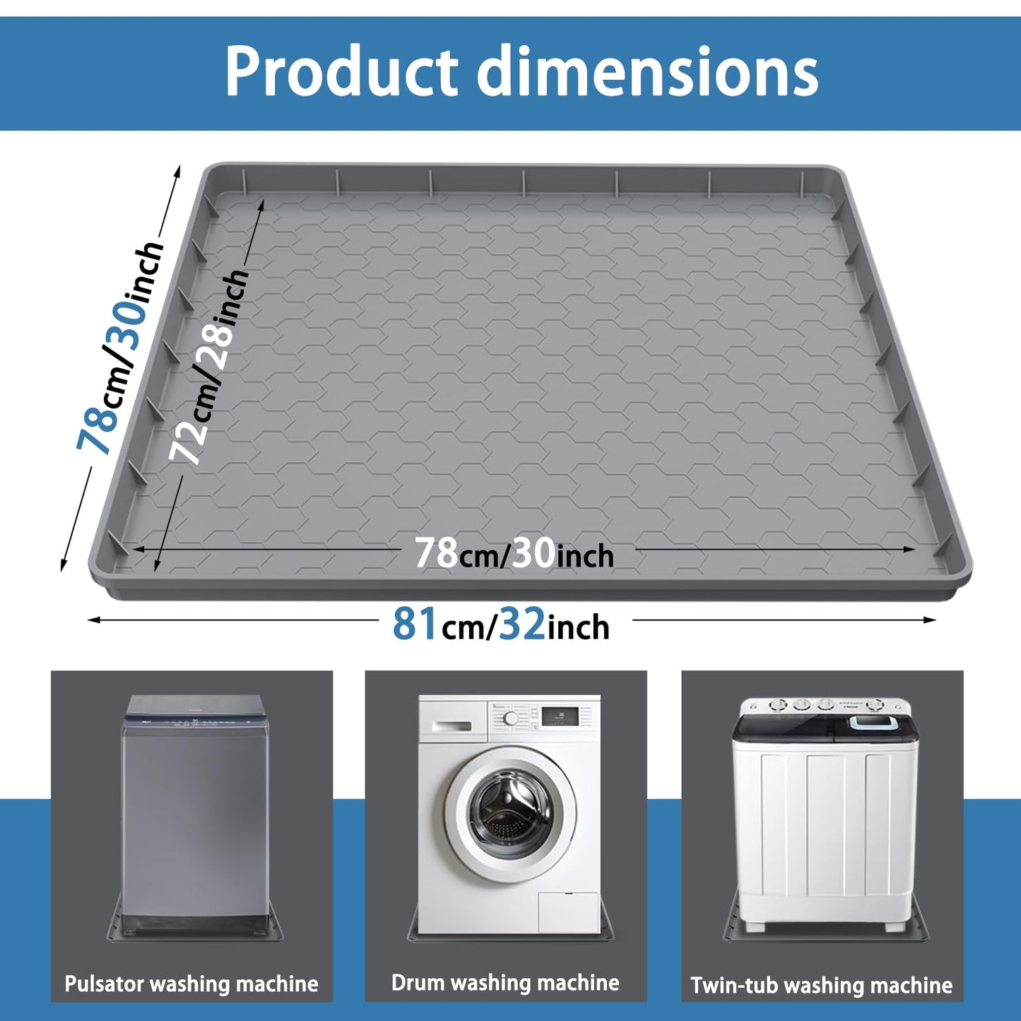 Washing Machine Drain Pan Silicone Mat, Thickened Large 30" X 28" Non-Slip Waterproof Washer Drip Tray, Raised Edge Mat for Under Dryer or Washer, Anti-Vibration,Floor Leak Protector for Laundry Room