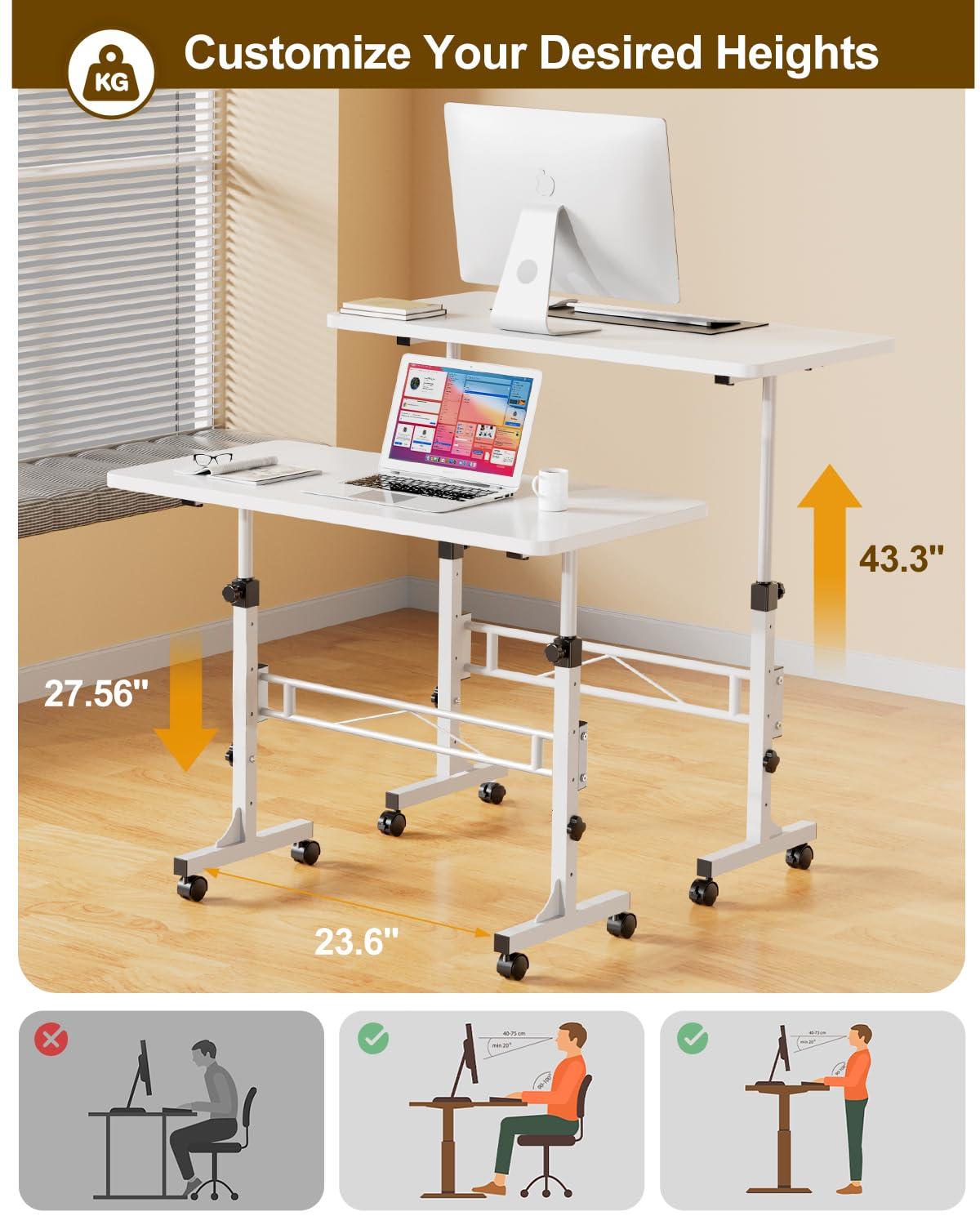 Amztabler Small Standing Desk Adjustable Height, Mobile Stand Up Desk with Wheels, 32 Inch Portable Rolling Desks Conference Room Tables for Walking Pad Treadmill White