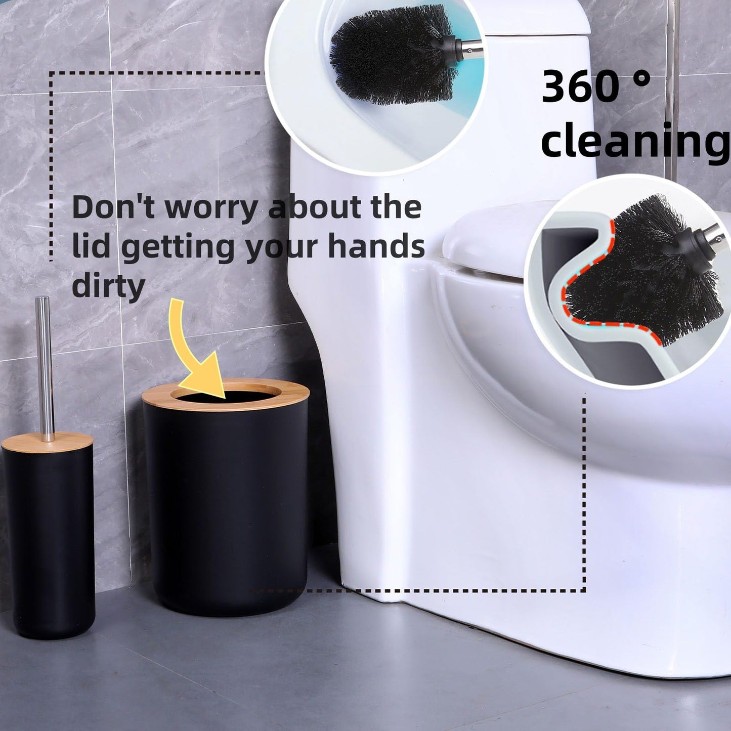 FNGJMJG Matte Black Bathroom Accessories Set 9PCS,Bamboo Bathroom Accessories Sets Complete with Trash Can,Soap Dispenser and Toothbrush Holder Set,Toilet Brush,Qtip Holder,Vanity Tray,Soap Dish