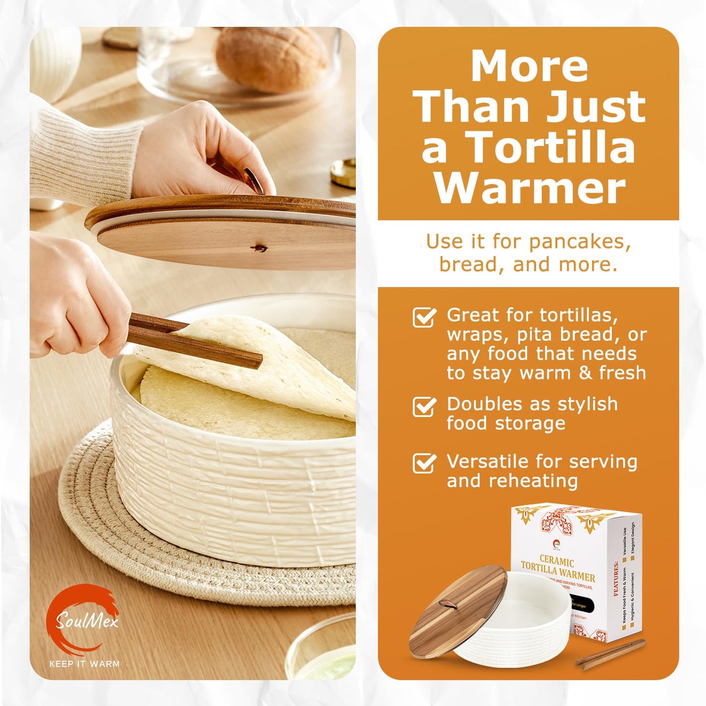 SoulMex Ceramic Tortilla Warmer with Airtight Wooden Lid – 8.8 Inch Tortilla Holder, Insulated Bread Pancake Warmer, Authentic Tortillero for Tortillas, Pancakes, Roti – Large Tortilla Container
