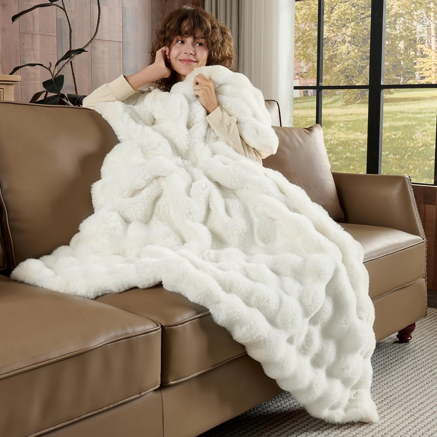 Lotus Karen Queen Size Faux Fur Blanket - Cream White Big Bubble Rabbit Fluff, 90x90 Inches