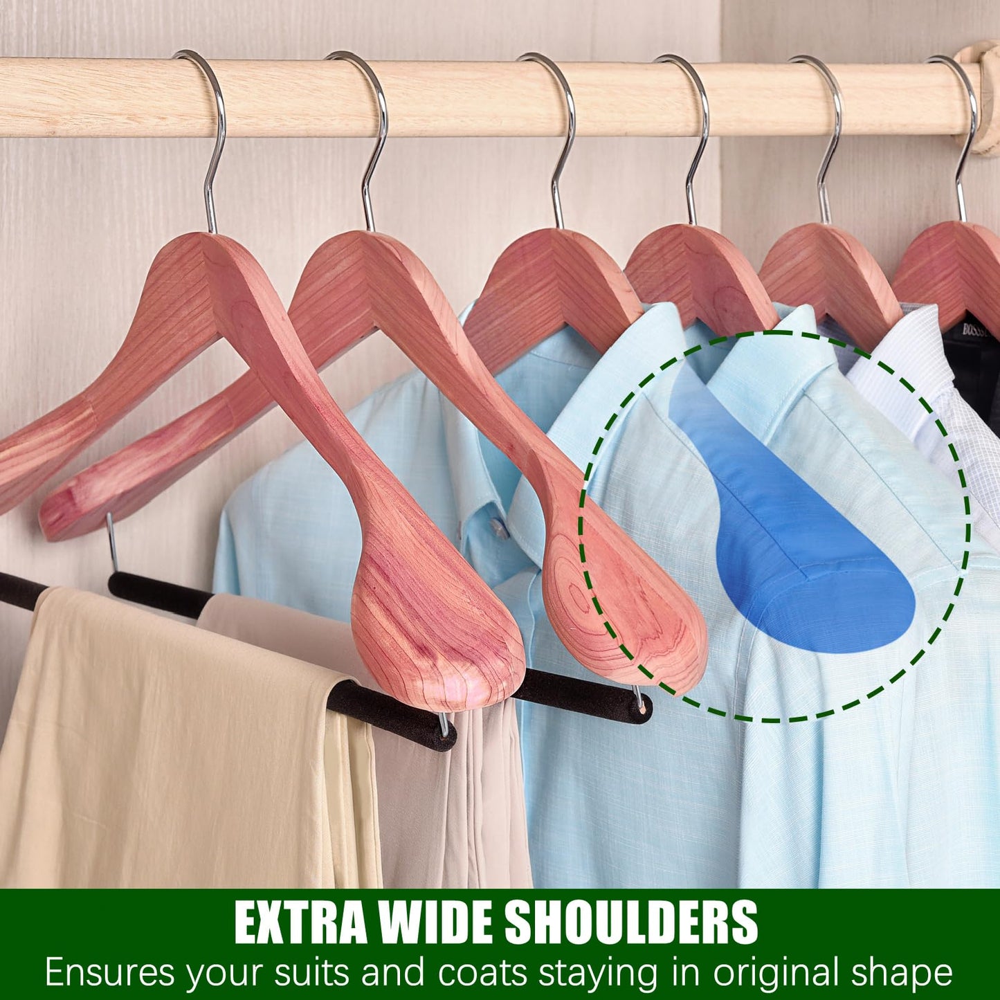 Amber Home 5 Pack Cedar Suit Hangers with Extra Wide Shoulder, Wooden Clothes Hangers for Coats & Jacket, Aromatic Natural Cedar Hangers with Non-Slip Velvet Pant Bar