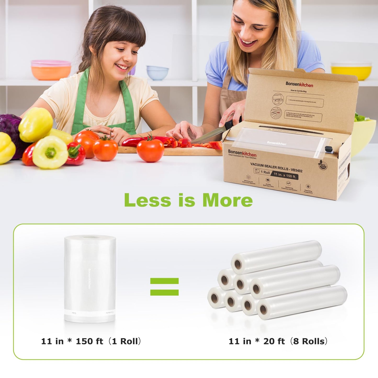 Bonsenkitchen 11” x 150’ Vacuum Sealer Bags Rolls with Cutter for Food Storage, Commercial Grade, BPA Free, Great for Meal Prep and Sous Vide Cooking
