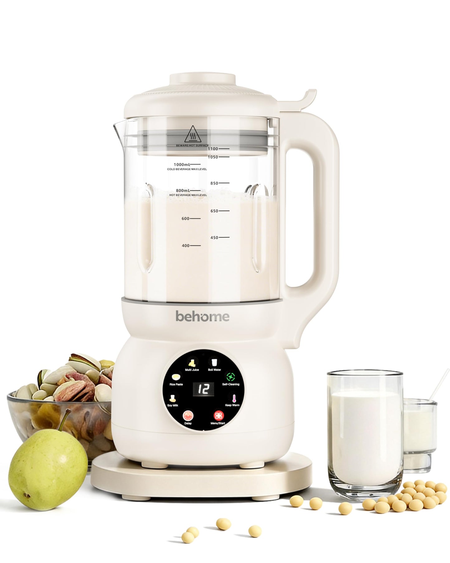 Behome 8 in 1 Nut Milk Maker Machine Blender – Glass Plant 32oz Milk Machine for Almond, Oat & Soy Milk, Self-Cleaning Vegan with No-Soak Beans, Delay Start & Keep Warm, Dairy-Free Beverage Maker