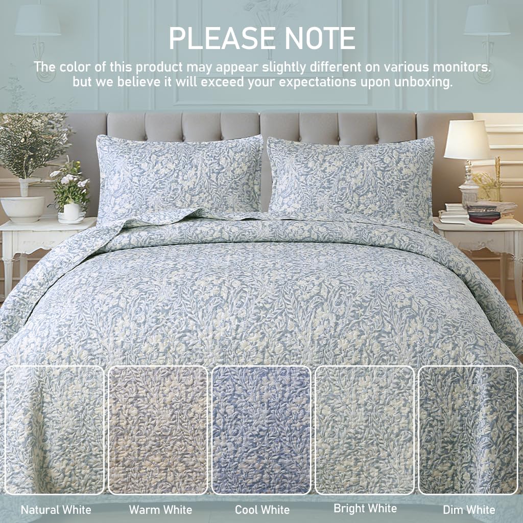 DURLENGEN Quilt Set California King Size 3Pcs,Bluish Grey Printed with Beige Leaves Pattern,Soft Microfiber Lightweight Bedspread for All Season Layering(112x104,Beige Botanical)