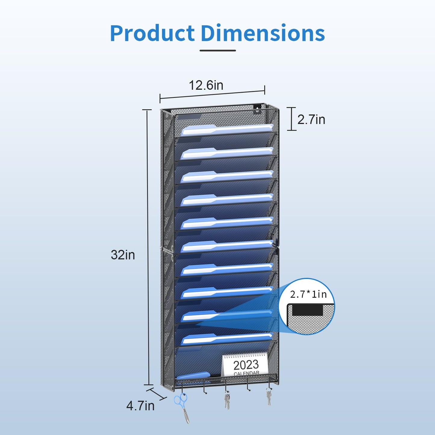 OUTWOLF Hanging Wall File Organizer with Hooks, 12 Tier Vertical Wall Mount File Holder, File Folder Wall Organizer for Office