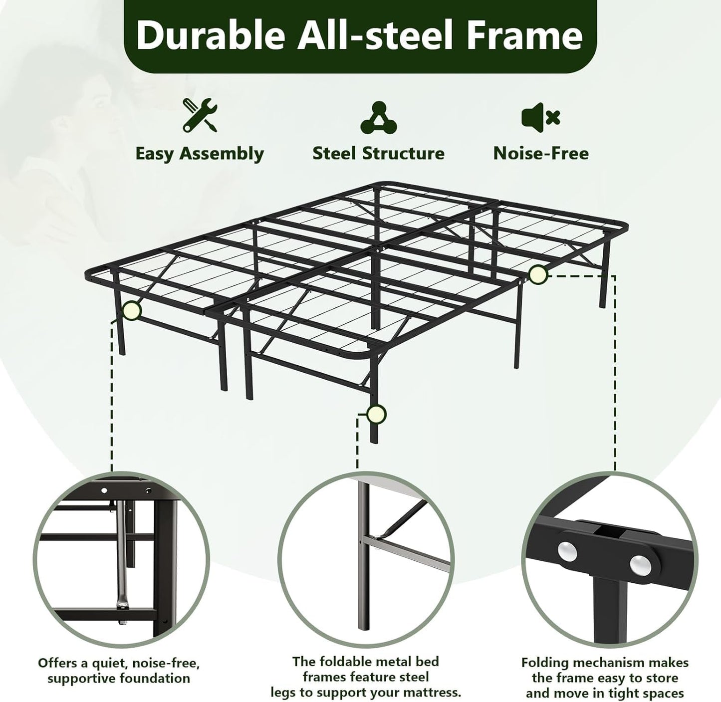 MAKE CHANGES Foldable Full Size Bed Frame，Metal Platform with 14" Underbed Storage, Heavy Duty，Noise Free,Easy Foldable Assembly, No Box Spring Needed,Black