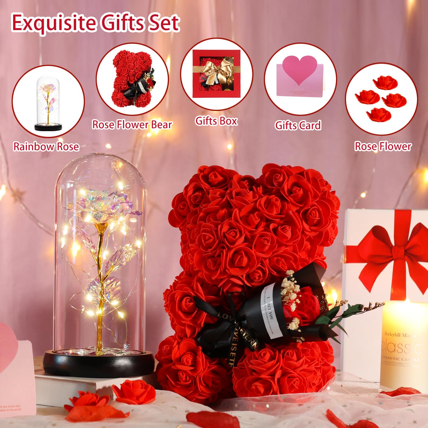 Mothers Day Rose Gifts for Mom Women Wife Girlfriend, Rose Bear & Beauty and the Beast-Inspired Rainbow Light-Up Roses Gift Set – Perfect for Valentine’s, Birthday Mother’s Day and Anniversary