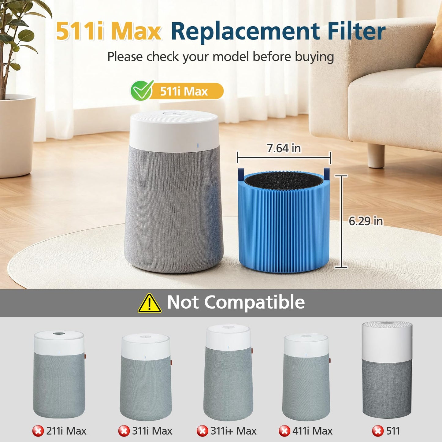 511i MAX A11ergenBlock Replacement Filter Compatible with BLUEAIR Blue Pure 511i Max Air Purifi-er, 3-IN-1 H13 True HEPA Filter and Activated Carbon Filtration System, Blue(2 Pack)