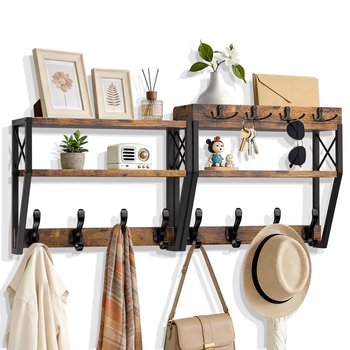 Upgraded 3-Tier Large Coat Rack Wall Mount with Shelf, 4 in 1 Versatile Coat and Key Hanger Wall Mount, 32-inch Entryway Wall Shelf with 12 Hooks and Mail Holder for Living Room Bedroom Bathroom
