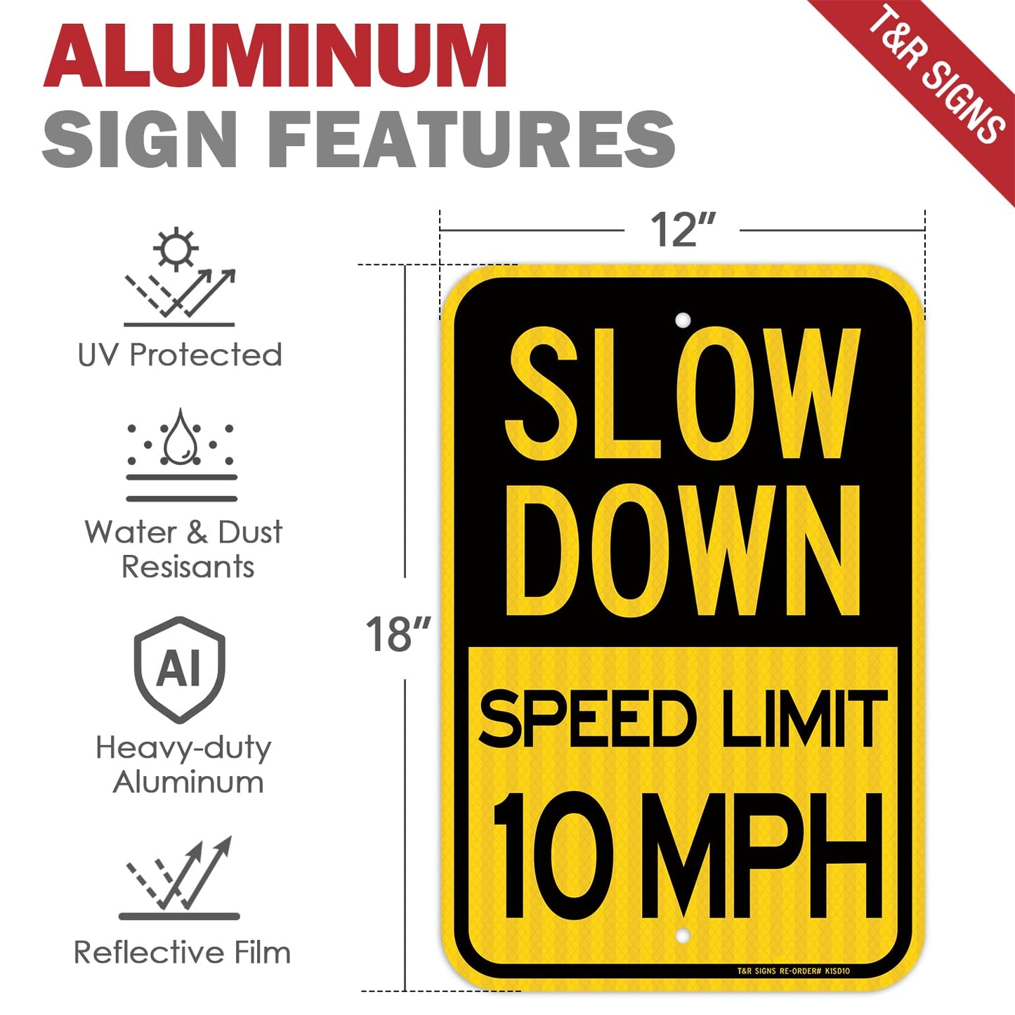 (4 Pack) Slow Down Speed Limit 10 MPH Sign, Slow Down Sign, 18" x 12" Engineer Grade Reflective Sheeting, Rust Free Aluminum, Weather Resistant, Waterproof, Fade Resistant, 2 Pre-drilled Holes