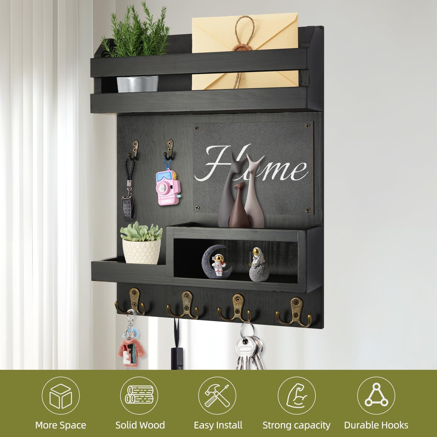 Eryvik Large Key and Mail Holder Wall Mount, 12.5x16.5 Inch Solid Wood Key Racks for Entryway, Front Door, Hallway, Wall Organizer (Matte Black)