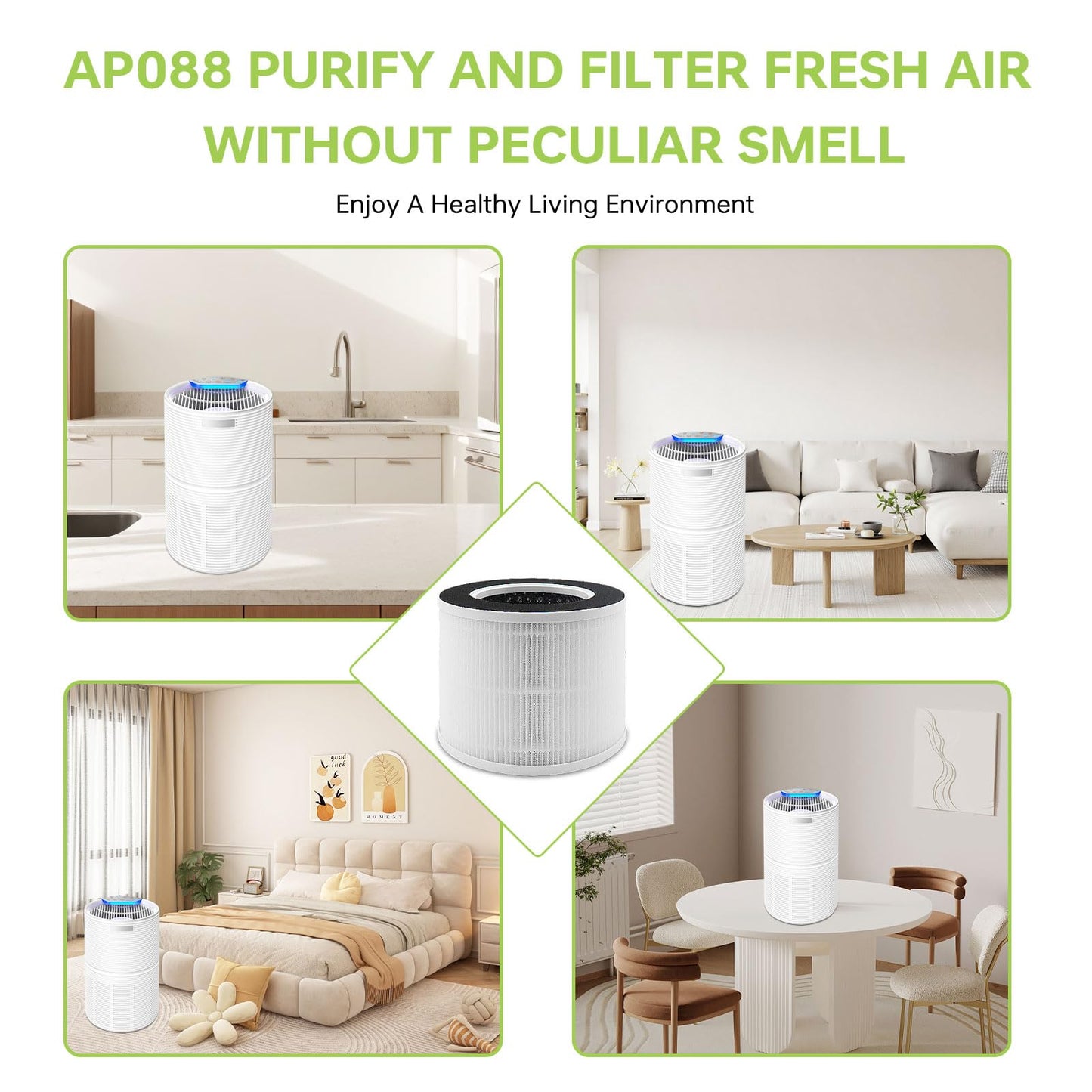 2 Pack True Air Purifier Filter Replacement for RENPHO RP-AP088, Compatible with RP-AP088W RP-AP088B RP-AP088-F1 and RP-AP088-F2, Activated Carbon Filter, White