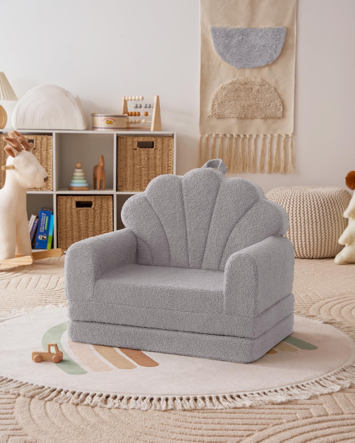 Blissful Diary Foldable Toddler Couch, 2-in-1 Comfy Toddler Chair & Lounger for Reading, Nap, Playroom, Kids Couch Sofa for 1 2 3+ Year Old Girls Boys Baby Birthday Gift, Gray Shell