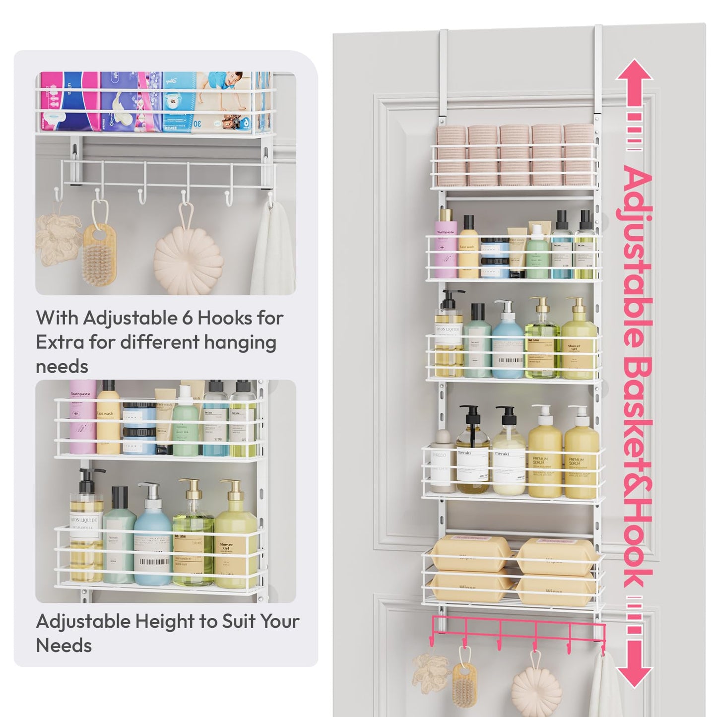 SWTYMIKI Over The Door Organizer - Door Organizer Hanging with 5 Adjustable Metal Large Capacity Basket and 6 Coat Hook, Wall Mounted Shelves for Bedroom Closet Bathroom Laundry Pantry Kitchen