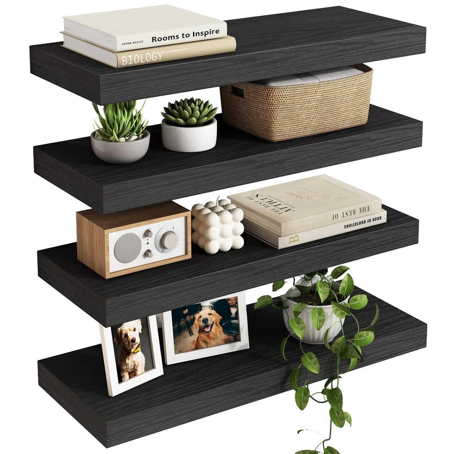 Fixwal Black Floating Shelves for Wall, Rustic Wood Shelves for Bathroom, Living Room, Bedroom and Kitchen, Wall Shelves for Storage, Books, Room Decor (Set of 4, 15.8 Inch)