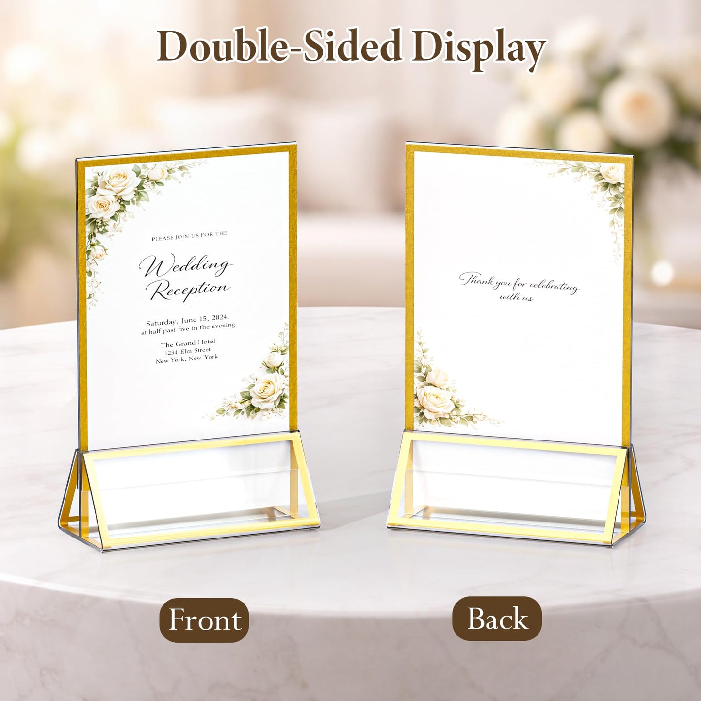 OUKMIC 5"x7" Acrylic Sign Holder with Gold Frame, Double Sided Vertical Display Stand, Clear Tabletop Sign Holders, Menu Flyer Picture Paper Table Numbers Stand for Wedding, Party, Restaurant-12 Pack