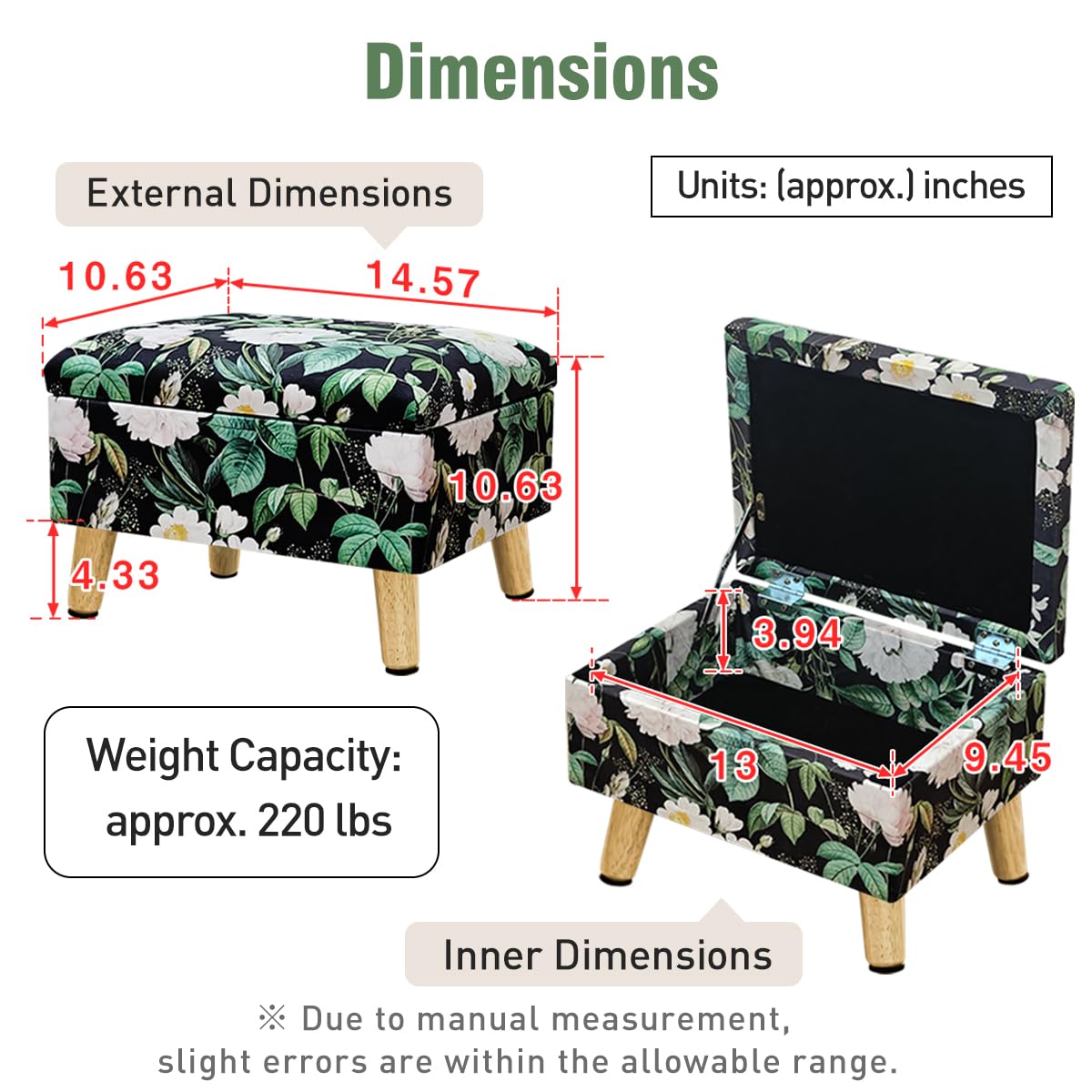 lumizone Small Ottoman Foot Rest Modern Storage Ottoman Foot Stool Padded Seat Pet Step for Dog Under Desk Stool for Living Room Bedroom Office Entryway (Print-Green)