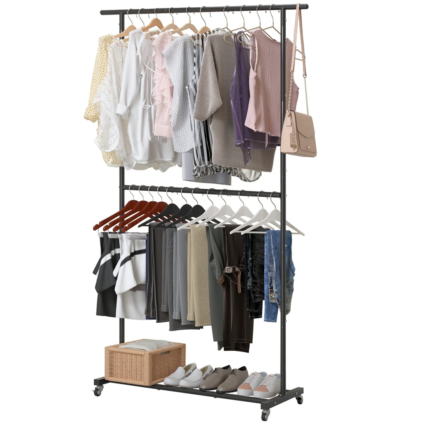 Sywhitta Double Rod Clothing Garment Rack, Rolling Clothes Organizer on Wheels for Hanging Clothes, Easy to Assemble, Adjustable, Black