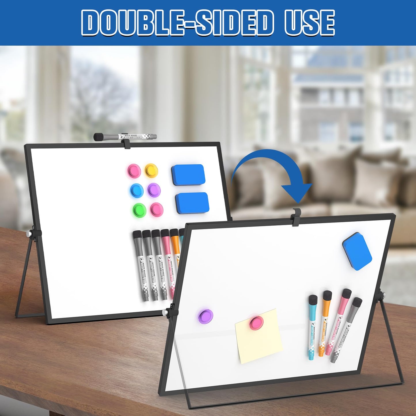 Grtard Magnetic Dry Erase Board with Stand, 18''x14'' Double-Sided White Board, Desktop Whiteboard with Stand, Large White Board, Desk Whiteboard Portable, Dry Erase Board for Kids, Memo(Black)