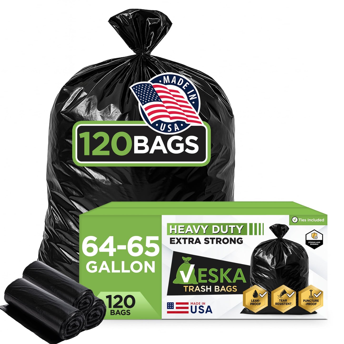 Veska 65 Gallon Trash Bags Heavy Duty | 120 Count | 64 Gallon Trash Bags for Toter - Large Garbage Bag 70 Gallon