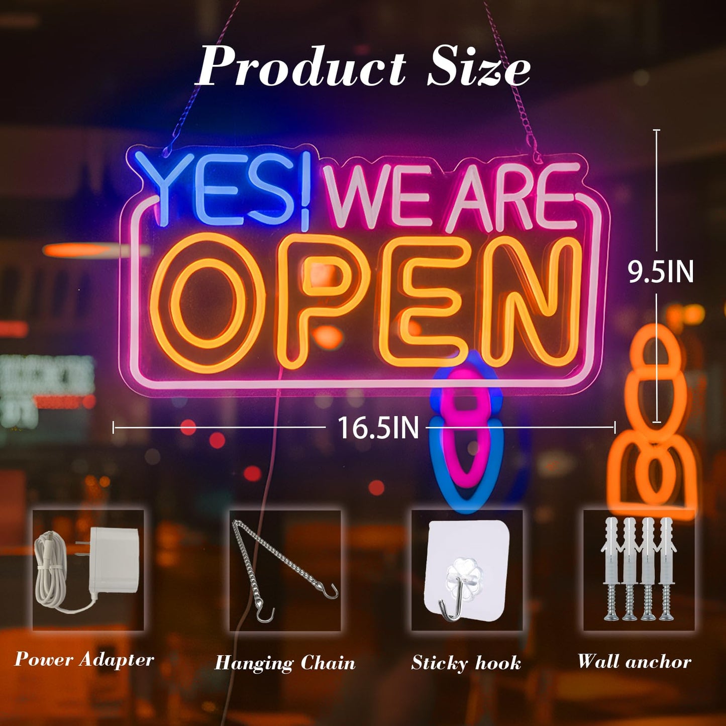 Open Sign for Business, LED Dimmable Neon Light with Adapter, 16.5" x 9.5", Pink yellow blue, Ideal for Window, Wall, Party, Bar, Coffee Shop, Nail Salons, and Store