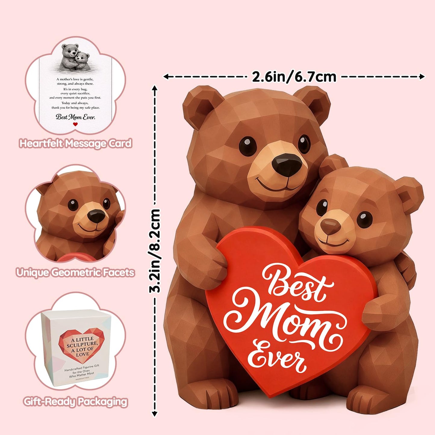MAMAGIFTREE Gifts for Mom from Daughter Son, Unique Mothers Day - Mama Bear & Cub Figurine with Best Mom Ever Heart, Sentimental Birthday Gifts for Women, Cute Desk Decor for Mother