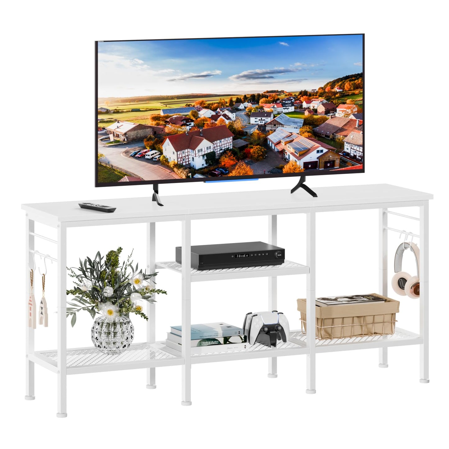 Furologee TV Stand for TVs up to 55 Inch, Entertainment Center with Open Storage Shelves, Media Console Table with Soundbar Shelf for Living Room, Bedroom, White