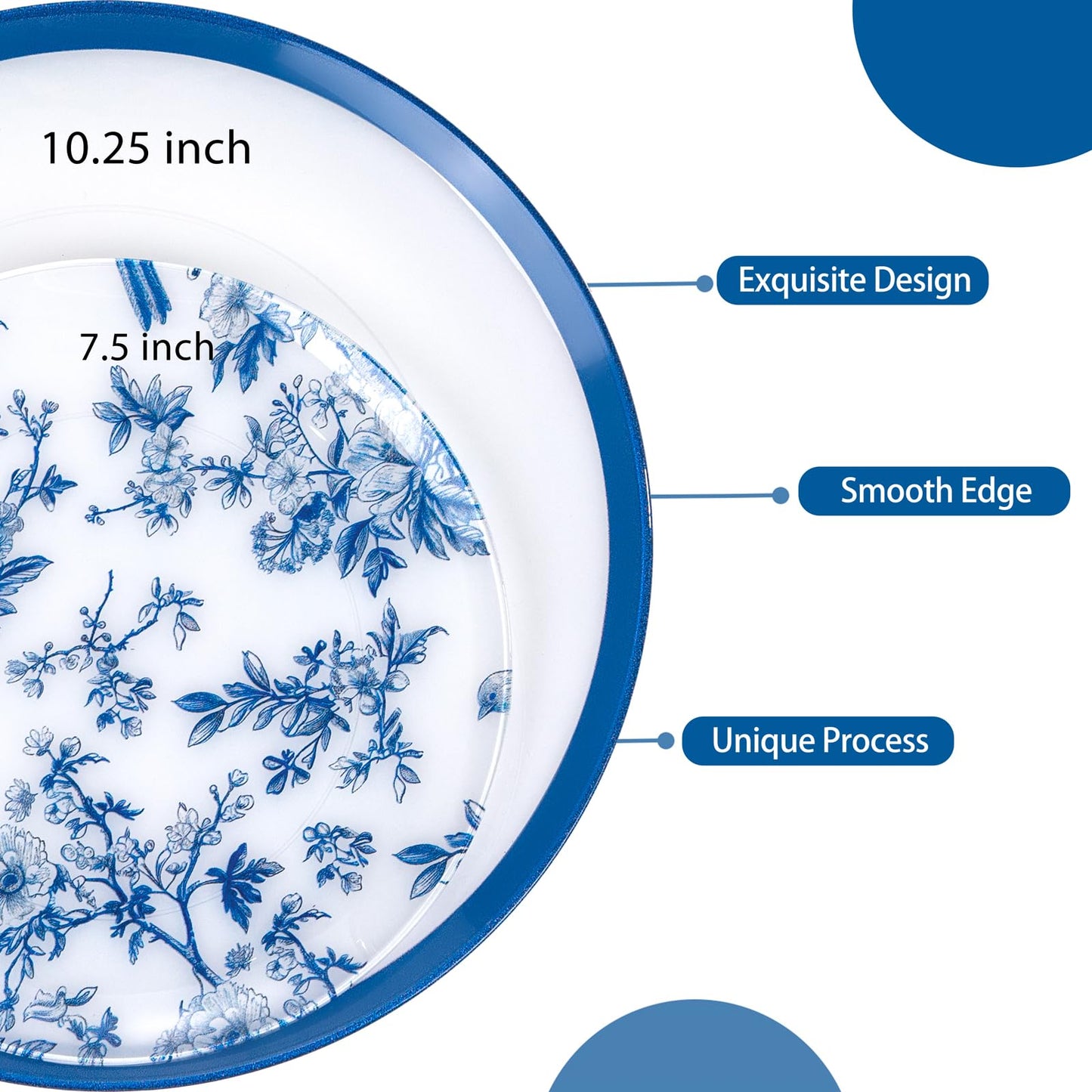 EI 60pcs Blue and White Floral Plastic Plates Fancy Blue Floral Disposable Heavy Duty,10.25inch Dinner Plate and 7.5inch Dessert Plate,Disposable Nice Plastic Plates for Party,Wedding(Value,Elegant)