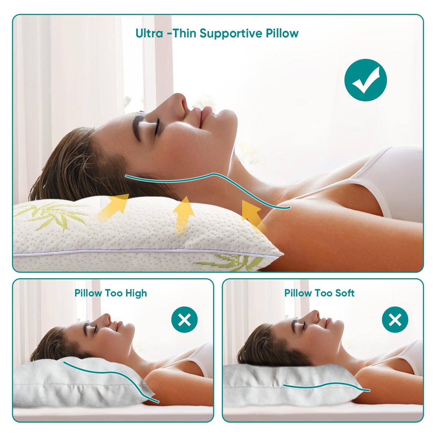 MINUPWELL Ultra Thin Pillows, Flat Pillows for Sleeping Thin, 7D High Support 2.5 inch Height Slim Bed Pillows for Stomach Sleeper, Standard Size -18x26 in - Rayon Derived from Bamboo
