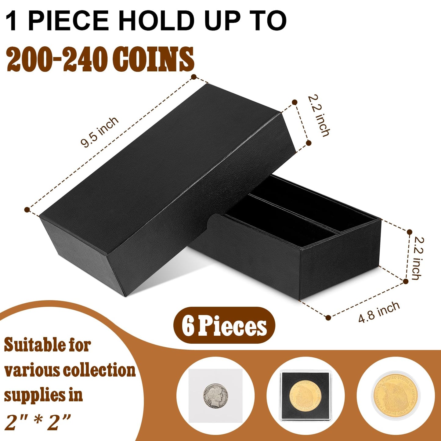 Henoyso 6 Pcs 2 x 2 Inch Double Row Coin Storage Box Coin Holders for Collectors Storage Supplies Collecting Cases, About Half Box Cases (Black)