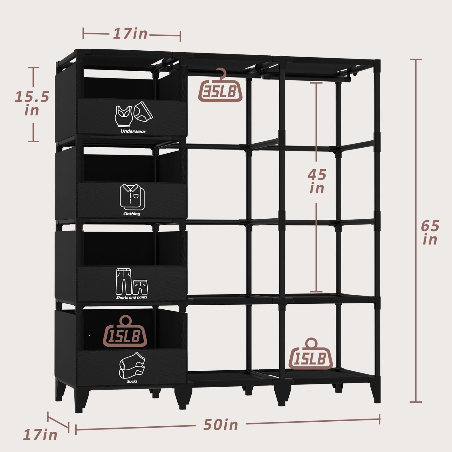 Jofuler Portable Closet, Easy Assembly, Large Capacity Wardrobe Closet, Sturdy and Stable Clothes Rack with Shelves 4 Storage Baskets and 2 Hanging Rods, for Bedroom and Cloakroom Black