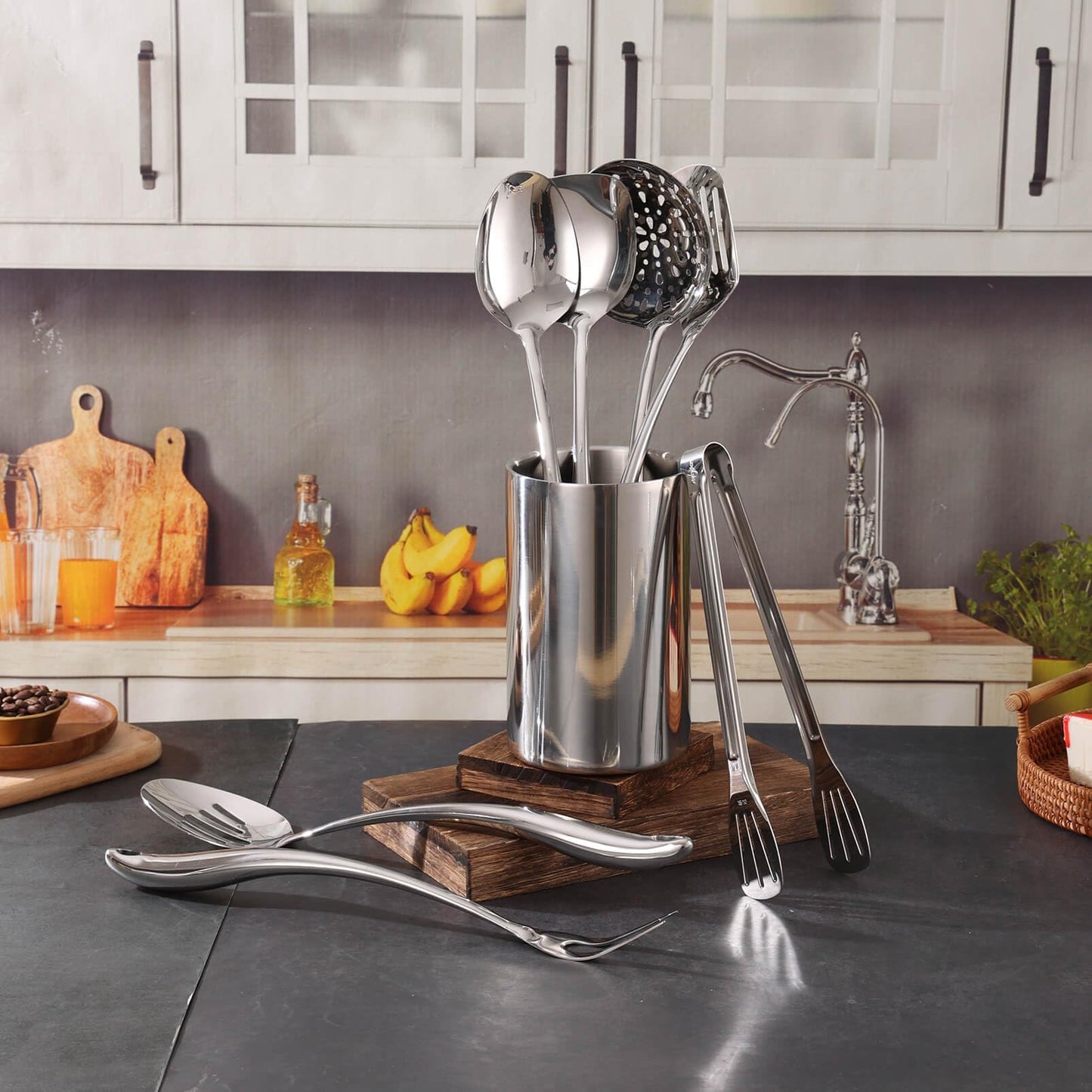 Double Wall Utensil Holder - 304 Stainless Steel Sleek Kitchen Utensil Holder for Countertop, Spatula Spoon Storage Organizer, Large Cooking Utensil Caddy Counter, Shining Utensil Crock, Mirror Polish