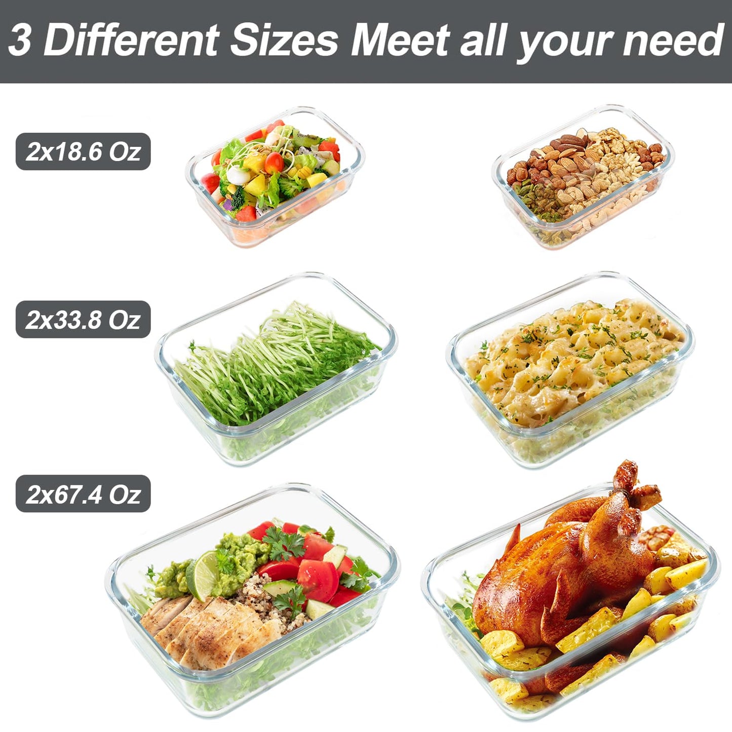 M MCIRCO 67.4oz(8.3 cup), 33.8oz(4.2 cup)& 18.6oz(2.1 cup) Extra Large Glass Food Storage Containers Set with Lids, 6 Pack Airtight Glass Storage Container for Microwave,Oven,Freezer Dishwasher