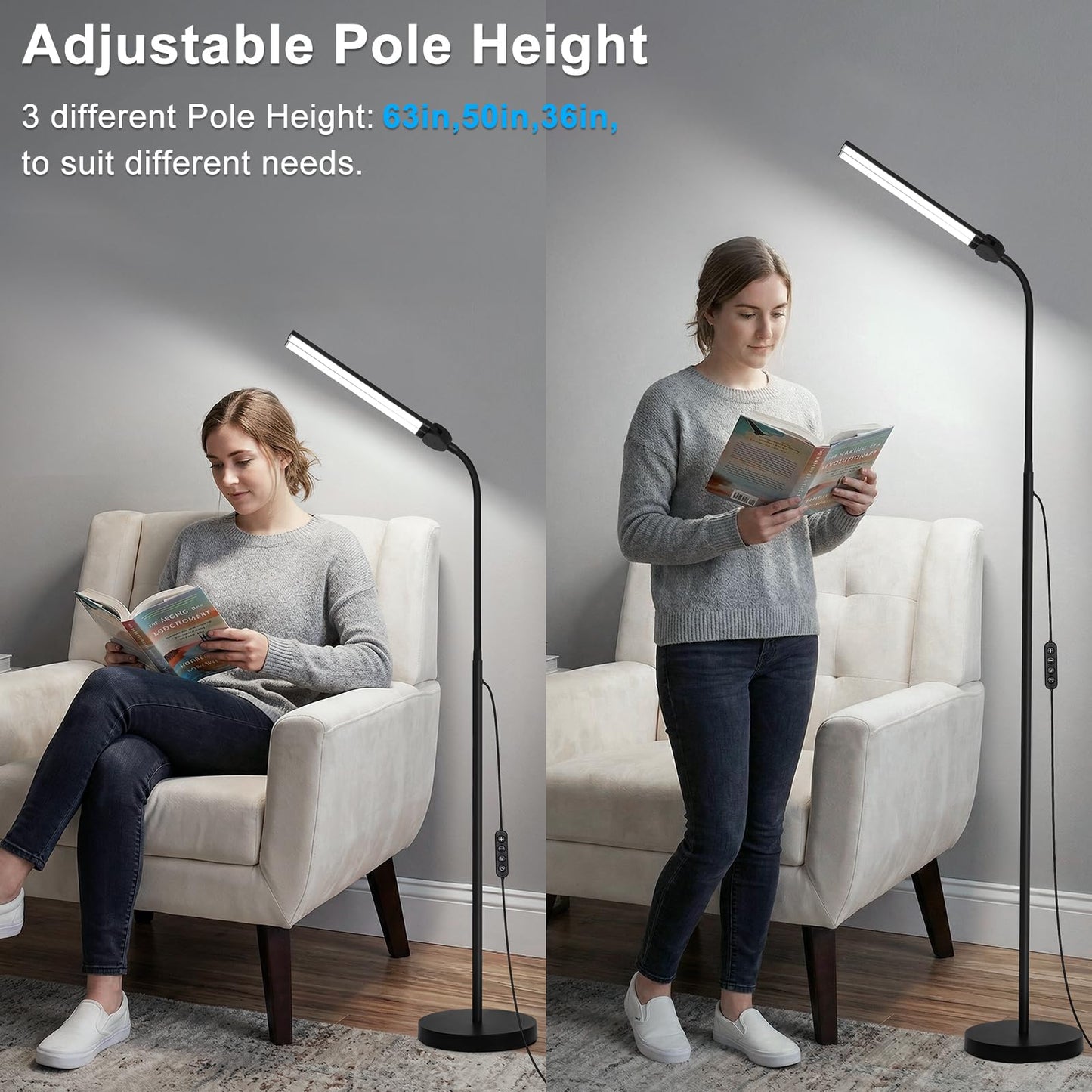 24W/2600LM LED Floor Lamp, Bright Reading Floor Lamps with Dual Head Adjustable Gooseneck, Dimmable Standing Task Lamp for Office Living Room Bedroom, Modern Eye Caring Light for Puzzle Craft Sewing