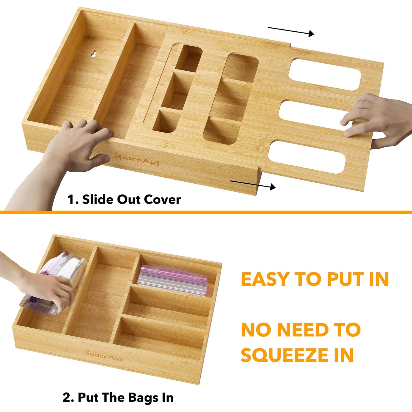 SpaceAid Bag Storage Organizer for Kitchen Drawer, Bamboo Organizer, Compatible with Gallon, Quart, Sandwich and Snack Variety Size Bag (1 Box 5 Slots)