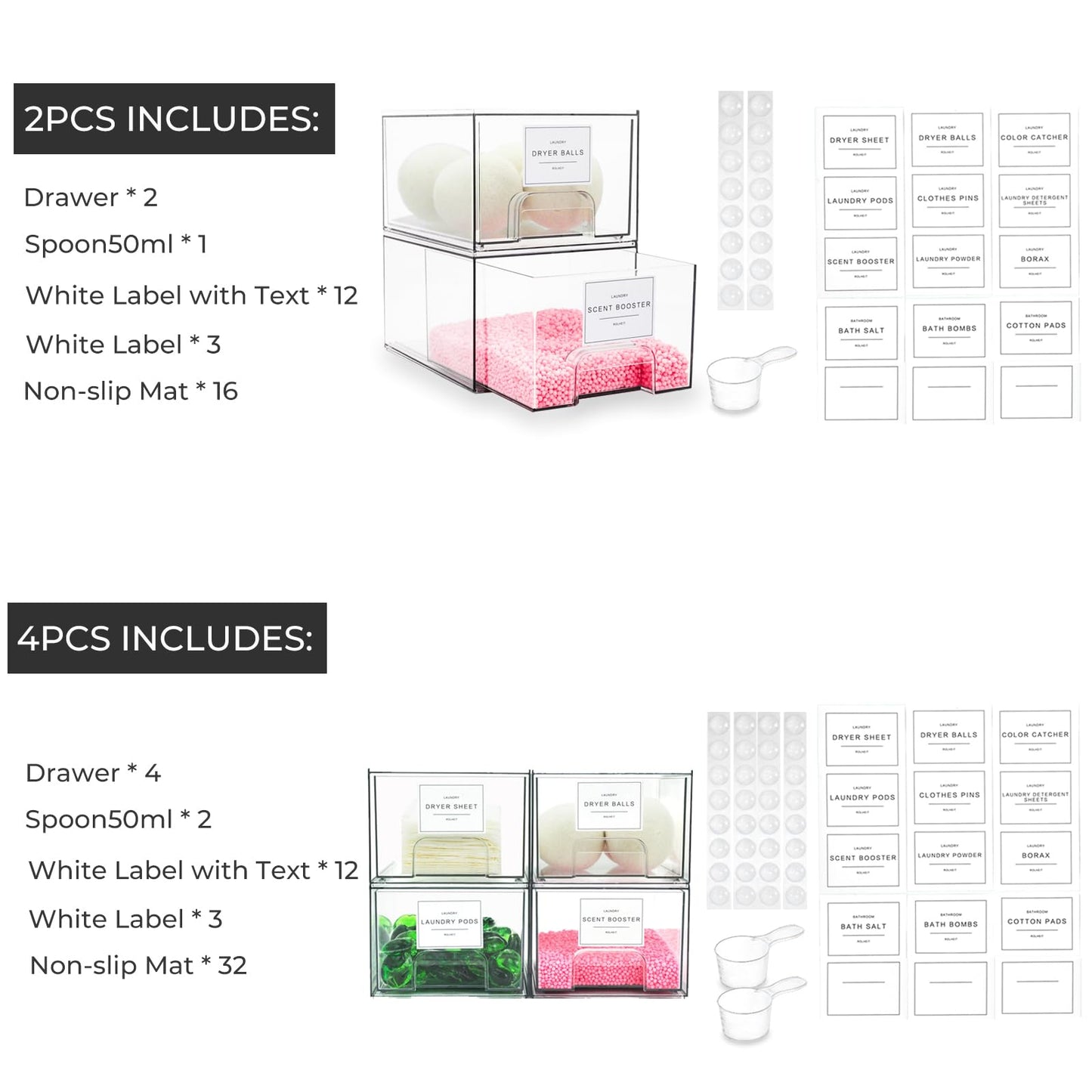 2 Pack Laundry Room Organization Storage Drawers with Labels, Clear Stackable Dryer Sheet Holder and Pod Containers, Detergent Dispenser for Laundry Room Organizing and Decor