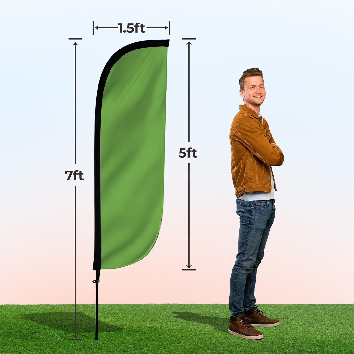 LookOurWay Feather Flag Pole Kit - 7 Feet Tall Advertising Flag Banner with Fiberglass Pole Set and Ground Spike for Business Promotion - Solid Colors - Light Green