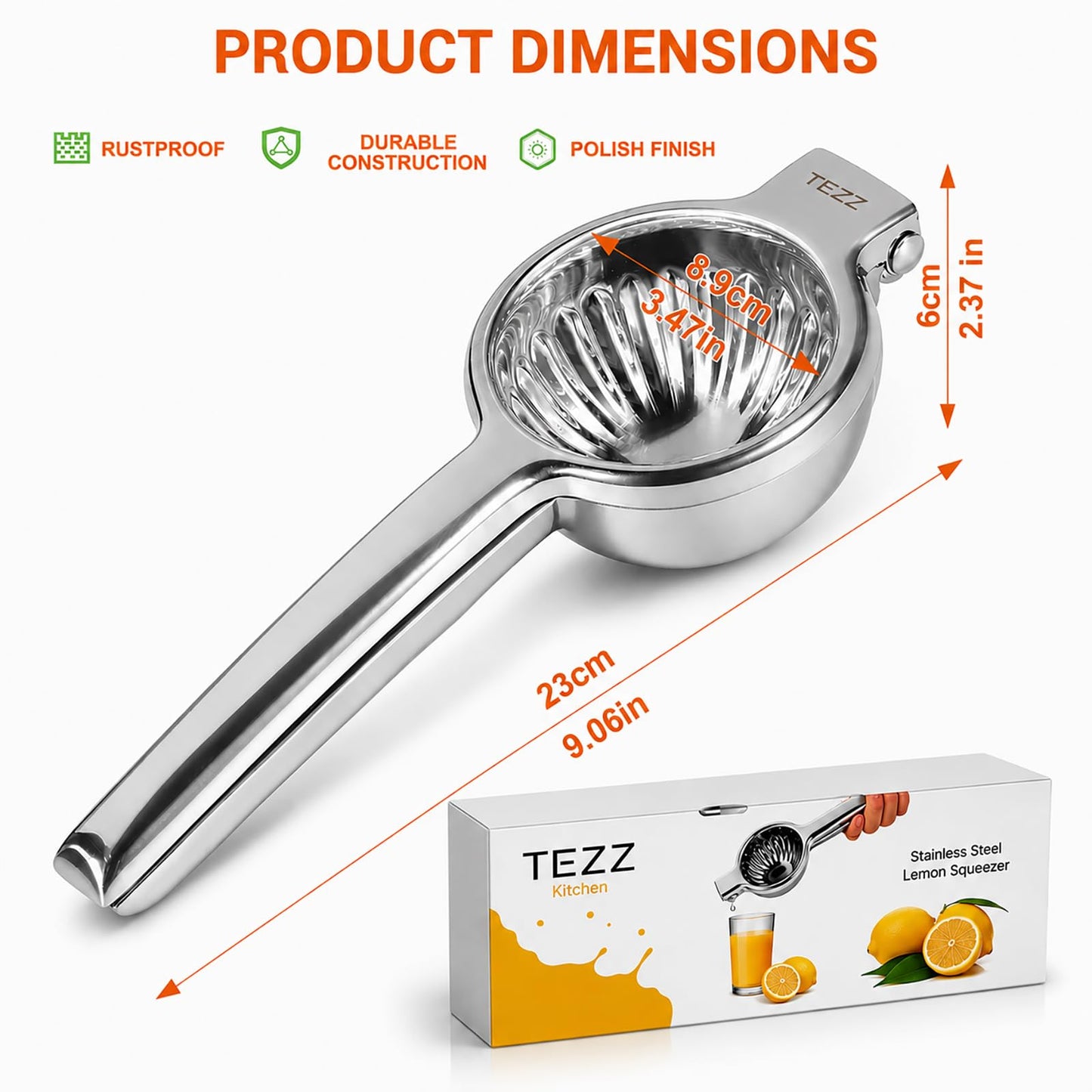 TEZZ Upgrated Extra Large Lemon Squeezer, Heavy Duty Handhelp Orange Juicer with 3.47'' extra big Filter Bowl, Stainless Steel Hand Press Citrus Juicer, Lime Squeezer Bar Tool, Manual Citrus Press