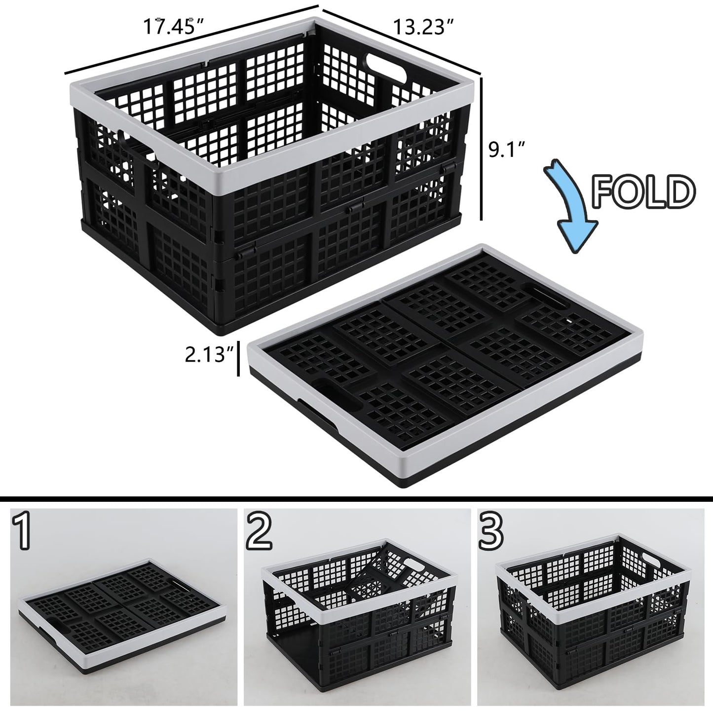 Ionoloy 3 Packs 34 L Plastic Collapsible Storage Crates, Stackable Foldable Storage Basket