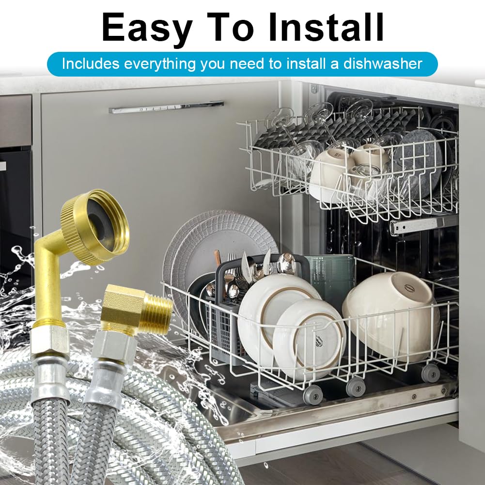 TT FLEX Universal Dishwasher Installation Kit,8 Ft Stainless Steel Dishwasher Hose,Burst Proof Water Supply Line with 3/8" Compression Connections