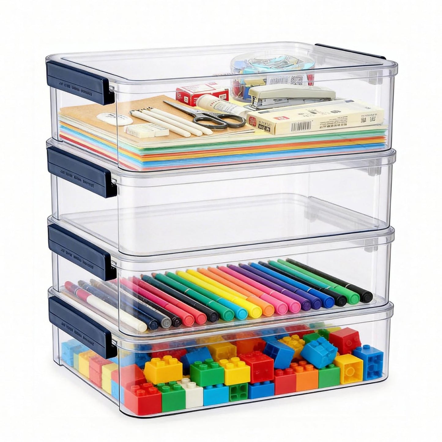 4 Pack 5.5qt 9 x 13 Clear Plastic Storage Box with Snap-Tight Latch, Stackable Organizer Container for A4 Files, Photos, Documents, Scrapbook, Crafts, and Art Supplies,Clear Storage Box With Lids