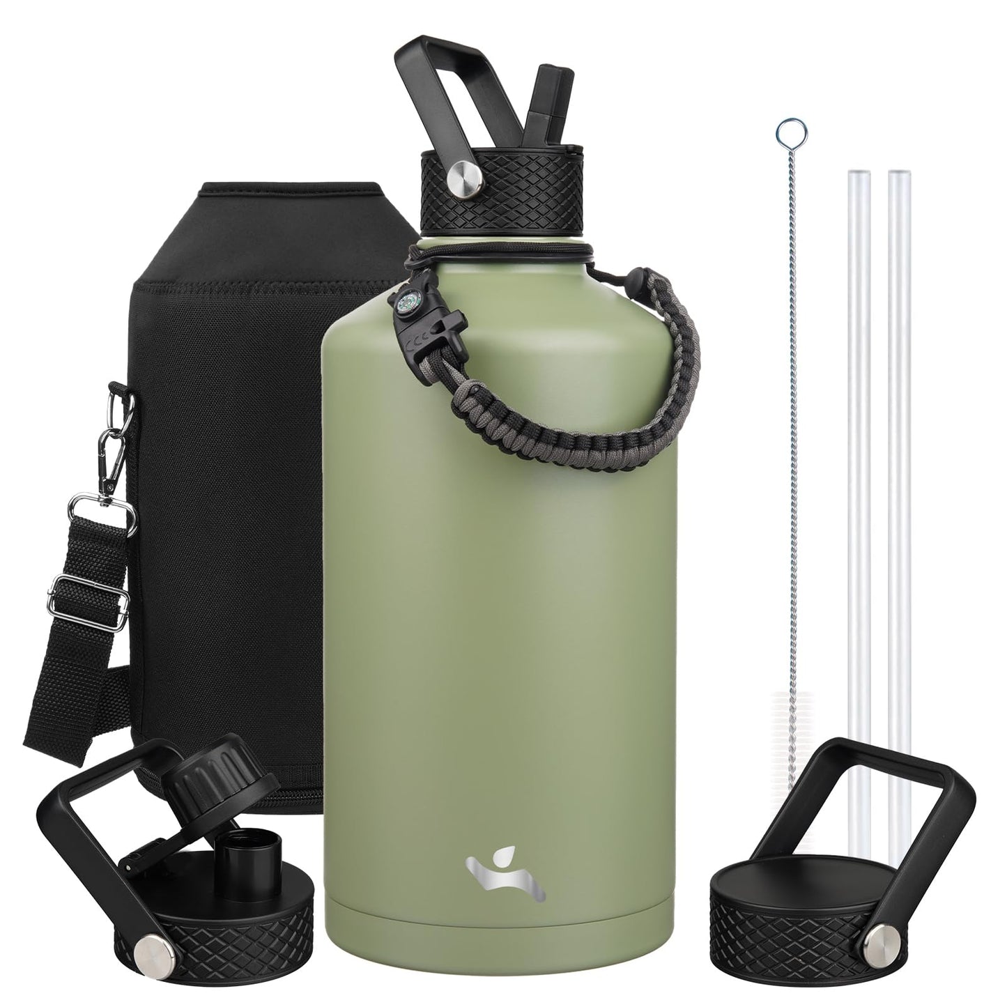 Konokyo Gallon Insulated Water Bottle with Straw,128 oz 3 Lids Water Jug with Carrying Bag,Paracord Handle, Double Wall Vacuum Stainless Steel Metal Flask,Camp Green