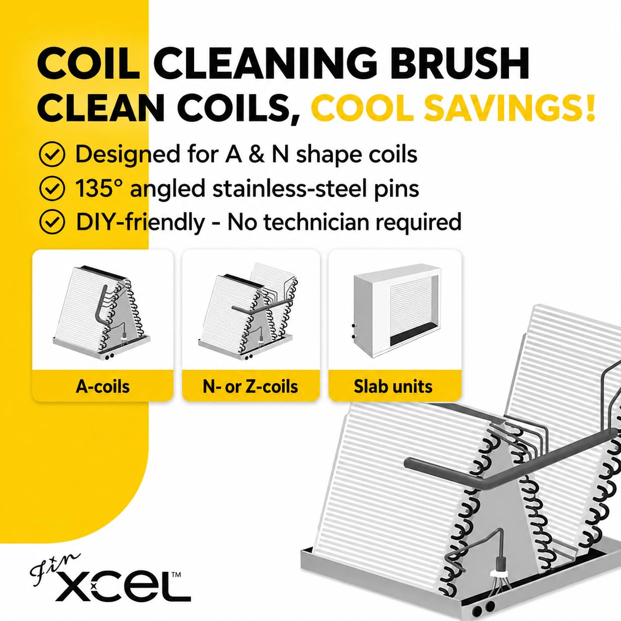 Finxcel Coil Cleaning Brush for HVAC & AC – Evaporator & Condenser Coil Cleaner Tool, 135° Stainless Steel Pins, Heavy-Duty for Tight Spaces, Safe for Delicate Fins, ACME Pole Compatible