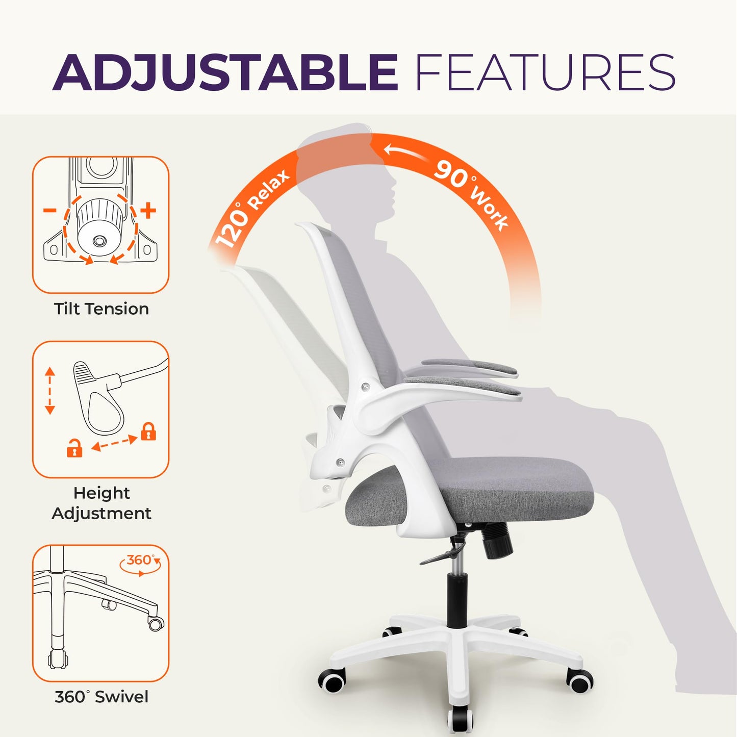 NEO CHAIR Office Desk Gaming Ergonomic Computer Chair with Lumbar Back Support Adjustable Height Swivel Rolling Wheels Flip-up Arms Mesh Chair for Home Vanity (Grey)